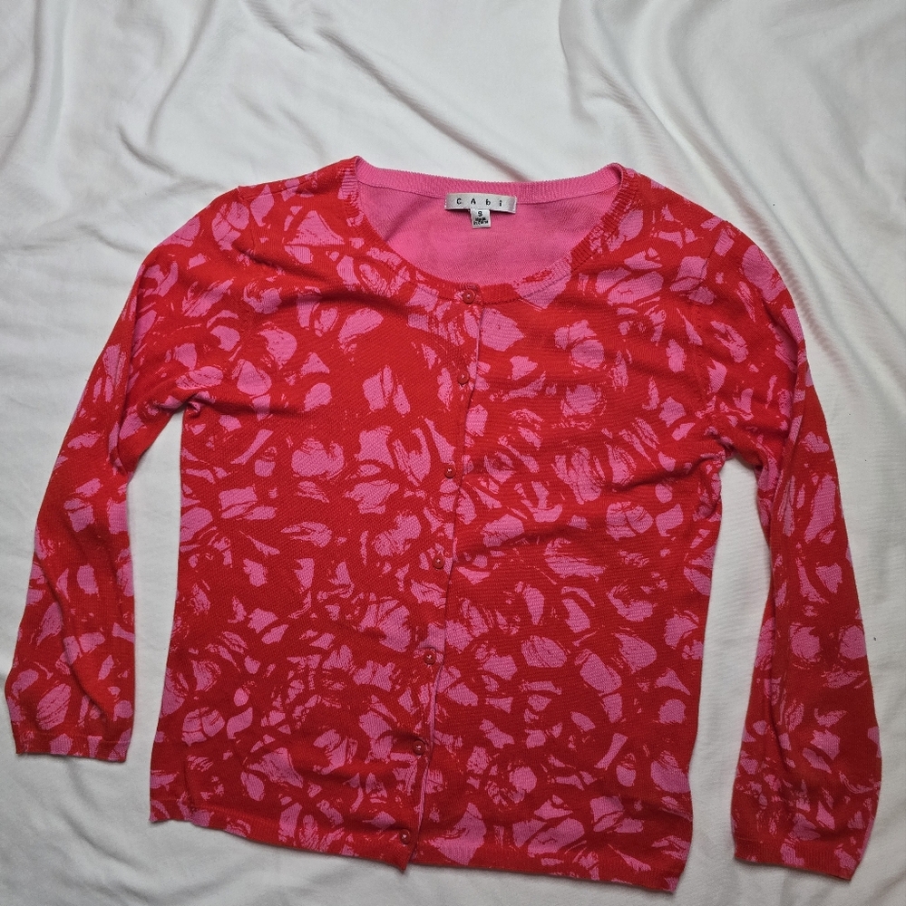 CAbi Red and Pink Abstract Pattern Cardigan